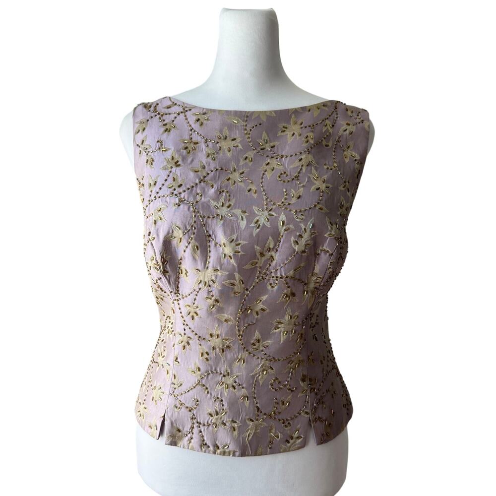 JS Collections Thistle Purple Beaded Leaf Print Boat Neck V-Neck Back Tank Top